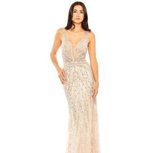 Mac Duggal Embellished Feather Detail Hem Evening Sequin Gown Size 8 Blush 11120